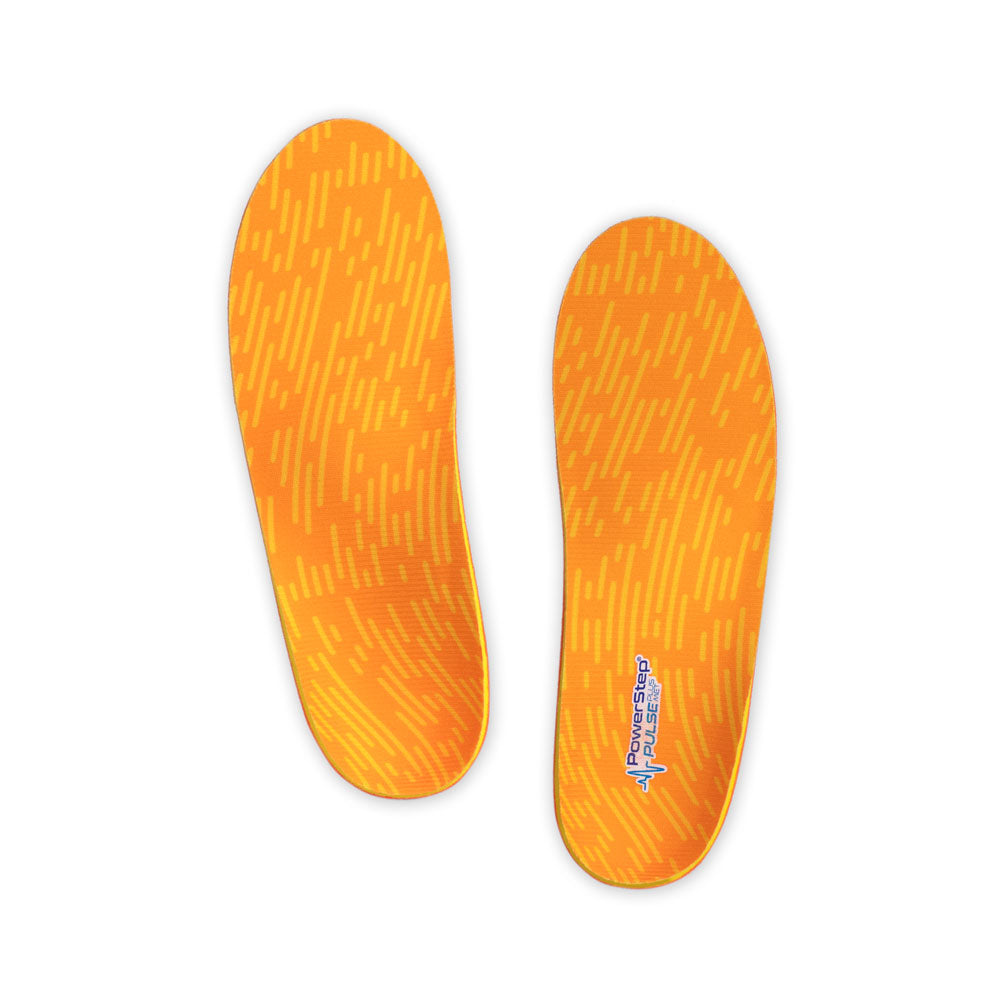 Top view of PULSE Plus Met Neutral Arch Support Shoe insoles with orange and yellow polyester top fabric, men's shoes, women's shoes, running shoe insoles with metatarsal pad to spread metatarsal bones, these shoes inserts help relieve and prevent pain from conditions caused by foot malalignment, relief from mild overpronation, ball of foot and metatarsalgia pain relief, relief from plantar fasciitis pain, relief from pronation, orthotic shoe inserts, arch supporting orthotic insoles