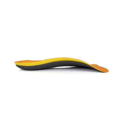 Profile view of PULSE Thin Neutral arch supporting shoe insoles with semi-rigid arch support for pronation, shoe insert with arch support for plantar fasciitis with polyester top cover that reduces heat and perspiration, designed for tighter fitting shoes for runners and athletes, low profile shoe inserts to help relieve pain from plantar fasciitis, orthotic shoe insoles with standard arch support in 3/4 length design, ultra-thin orthotic shoe inserts