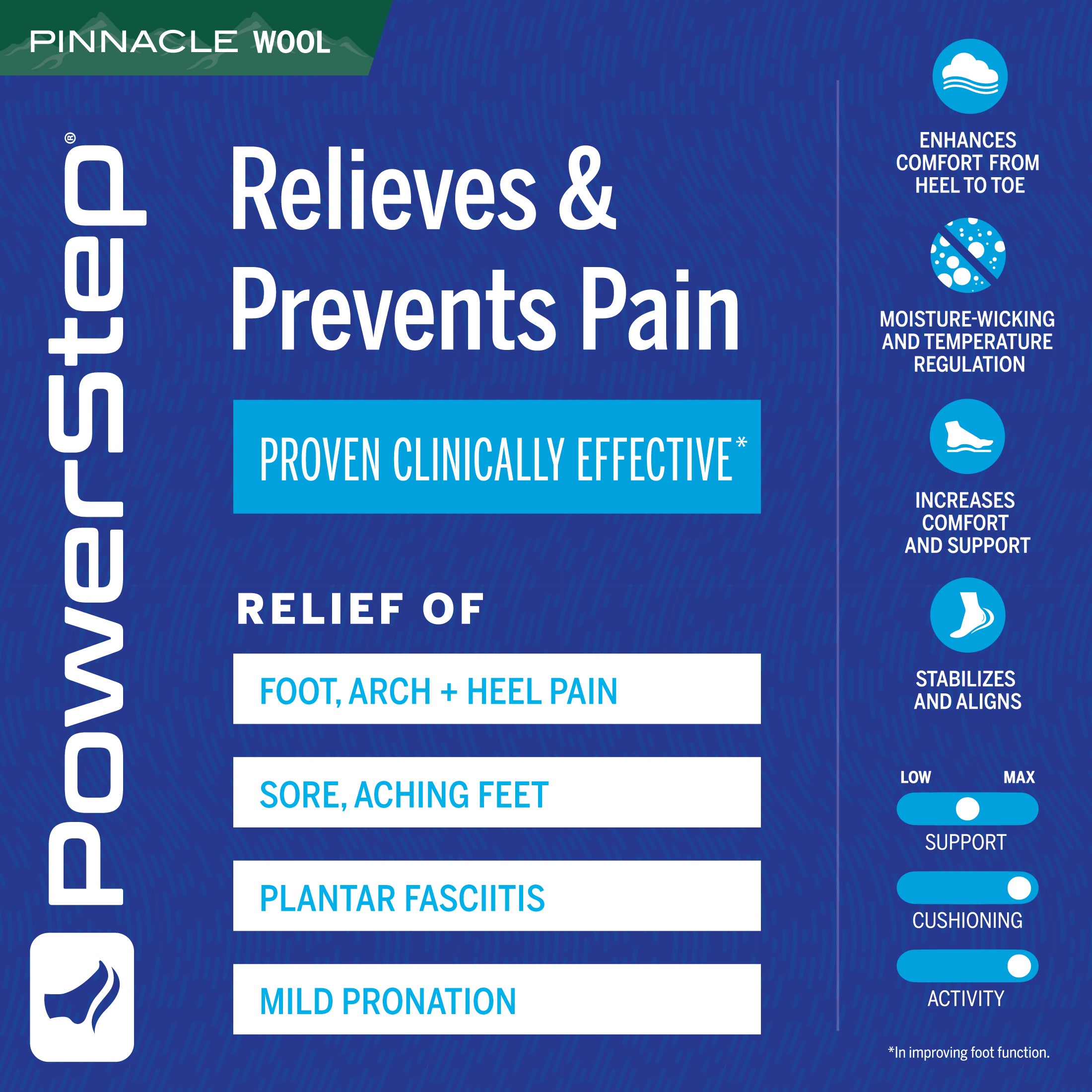 PowerStep Pinnacle Wool Orthotic Shoe Insoles, Made in the USA with US and imported materials, pain relief and prevention, proven clinically effective for immediate relief from plantar fasciitis, mild pronation, foot, arch, and heel pain, sore, achy feet, women’s shoe inserts, men’s orthotic shoe insoles, unisex orthotic arch support insoles, enhances comfort from heel to toe, moisture wicking and temperature regulating, increases comfort and support, stabilizes and aligns