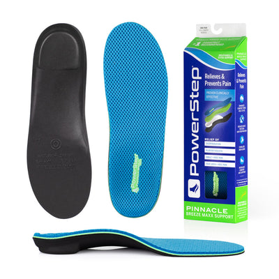 Bottom view of shoe inserts for Pinnacle Breeze Maxx Support Neutral Arch Support Orthotic Shoe Insoles with black EVA base and heel post, top view of orthotic shoe insoles with blue mesh top fabric, image of Pinnacle Breeze Maxx Support Neutral Arch Support Insoles packaging, profile view of Pinnacle Breeze Maxx Support Neutral Arch Support Orthotic Insoles with semi-rigid neutral arch support and posted heel for overpronation and flat feet, pinnacle maxx powerstep insoles