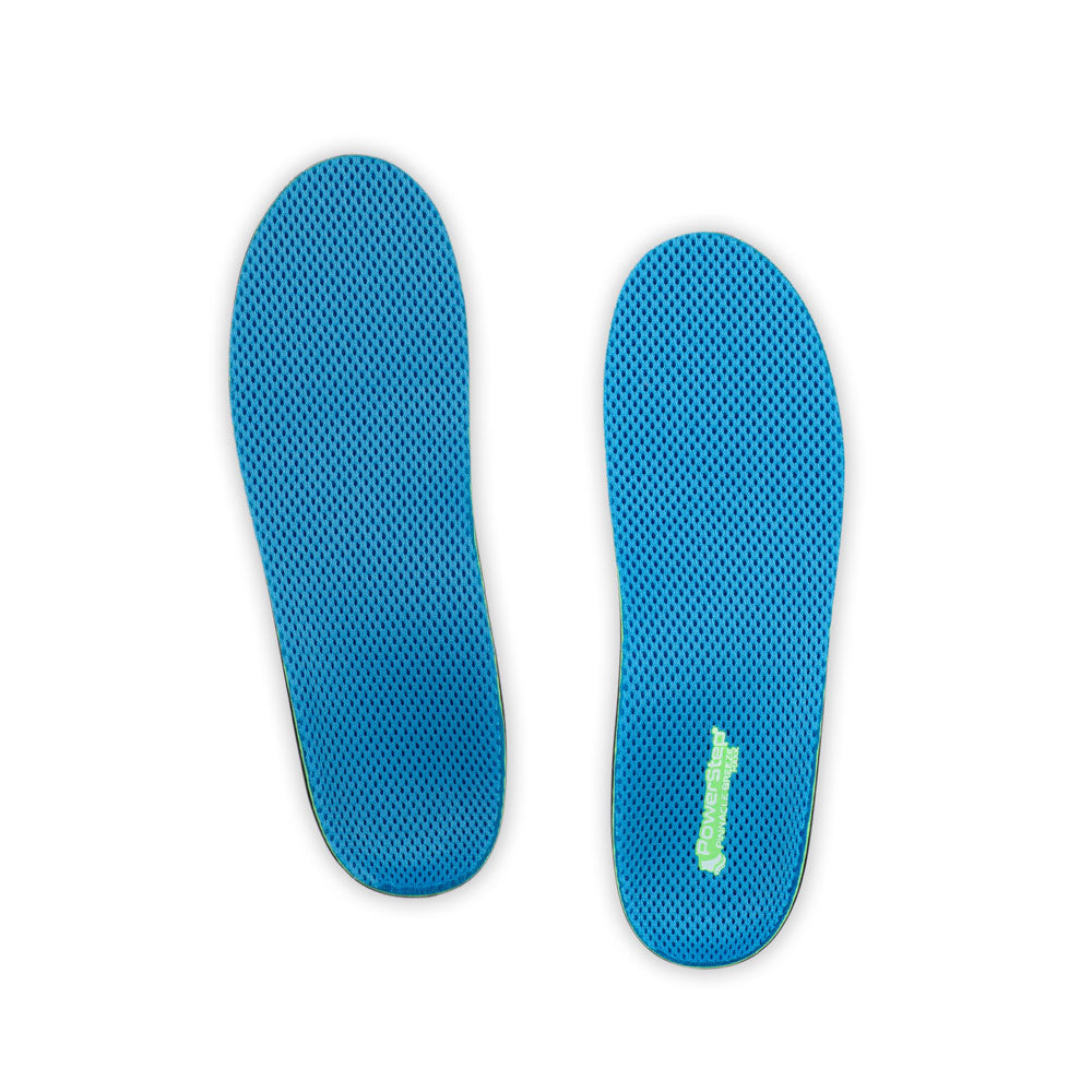 Top view of Pinnacle Breeze Maxx Support Neutral Arch Support Shoe insoles with blue mesh top fabric, walking shoe insoles for severe overpronation, relief from plantar fasciitis pain, relief from overpronation, men's shoes, women's shoes, these shoes inserts help relieve and prevent pain from conditions caused by foot malalignment, orthotic shoe inserts with posted heel for added stability, arch supporting orthotic insoles, plantar fasciitis orthotics, flat feet shoe insoles