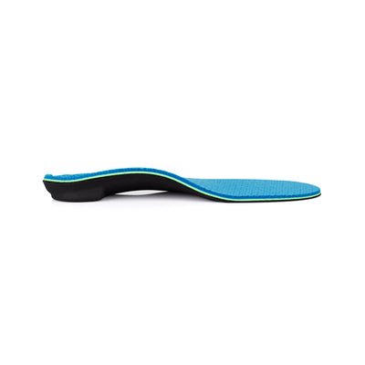 Profile view of Pinnacle Breeze Maxx Support Neutral arch supporting shoe insoles with semi-rigid arch support for overpronation, designed for walking and running shoes, designed with heel post to prevent overpronation, shoe insert with arch support for plantar fasciitis, orthotic shoe insoles with standard arch support, shoe inserts to help relieve pain from plantar fasciitis, orthotic shoe inserts for flat feet
