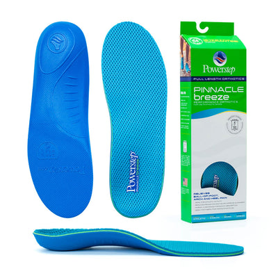 Bottom view of shoe inserts for Pinnacle Breeze Neutral Arch Support Orthotic Shoe Insoles with blue EVA base, top view of orthotic shoe insoles with blue mesh top fabric, image of Pinnacle Breeze Neutral Arch Support Insoles packaging, profile view of Pinnacle Breeze Neutral Arch Support Orthotic Insoles with semi-rigid neutral arch support, relief of plantar fasciitis, pronation, foot, arch and heel pain, sore aching feet, standard arch support for pronation