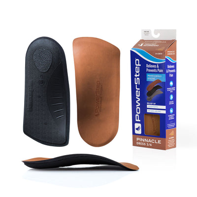 Bottom view of shoe inserts for Pinnacle Dress 3/4 Neutral Arch Support Orthotic Shoe Insoles with gray exposed shell and non slip pad to keep shoe insole in place, top view of orthotic 3/4 shoe insoles with tan nylon top cover, image of Pinnacle Dress 3/4 Neutral Arch Support Insoles packaging, profile view of Pinnacle Dress Neutral Arch Support 3/4 Orthotic Insoles with semi-rigid neutral arch support for pronation, designed for tighter shoes