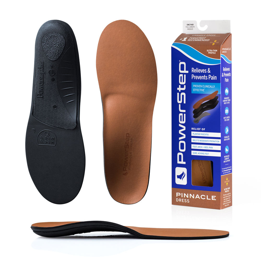 Bottom view of shoe inserts for Pinnacle Dress Neutral Arch Support Orthotic Shoe Insoles with gray exposed shell and non slip pad to keep shoe insole in place, top view of orthotic shoe insoles with tan nylon top cover, image of Pinnacle Dress Neutral Arch Support Insoles packaging, profile view of Pinnacle Dress Neutral Arch Support Orthotic Insoles with semi-rigid neutral arch support for pronation, designed for tighter shoes
