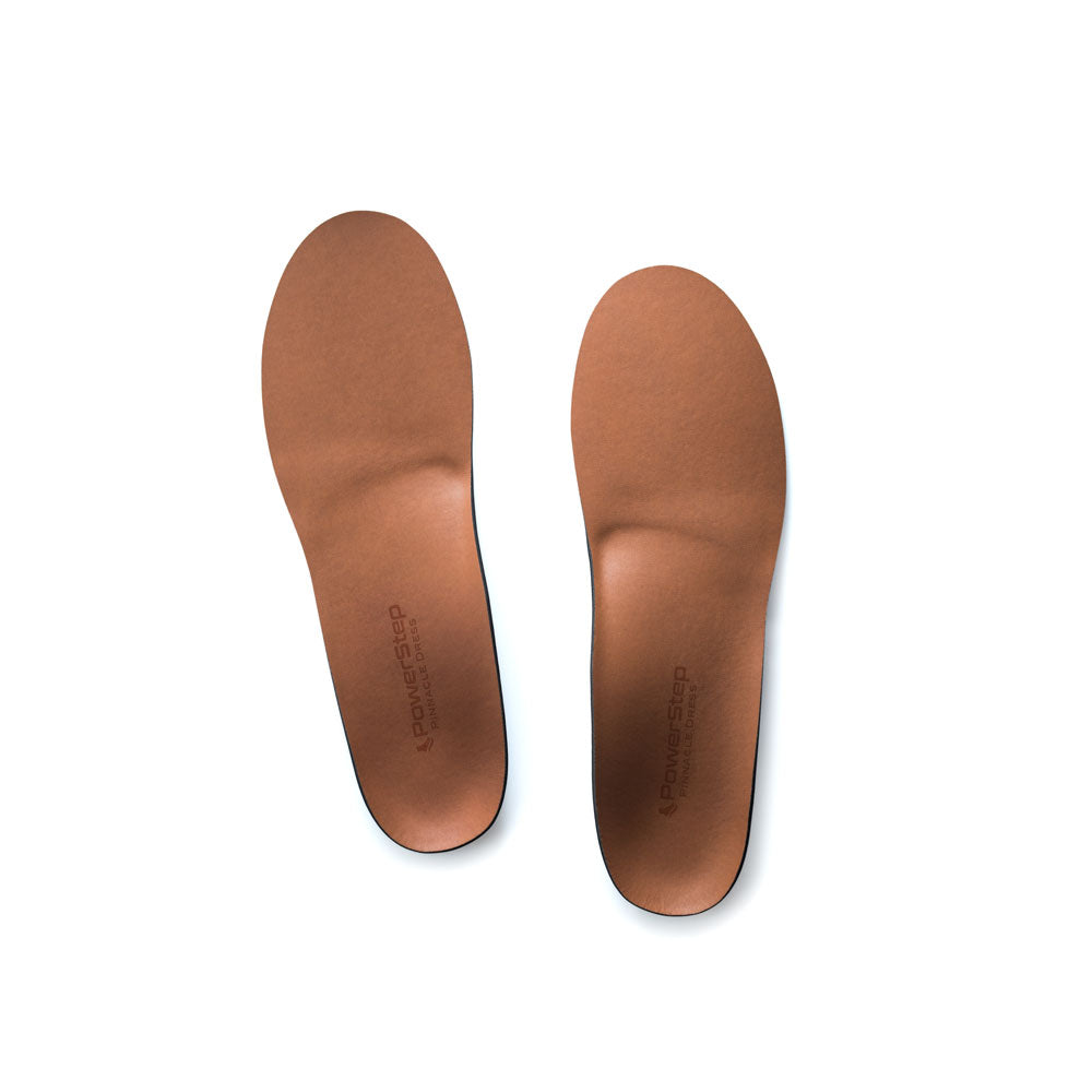 Top view of Pinnacle Dress Neutral Arch Support Shoe insoles with tan nylon top cover, plantar fasciitis orthotics, walking shoe insoles for tight fitting shoes, relief from pronation, relief from plantar fasciitis pain, relief from mild overpronation, men's shoes, women's shoes, these shoes inserts help relieve and prevent pain from conditions caused by foot malalignment, orthotic shoe inserts, arch supporting orthotic insoles