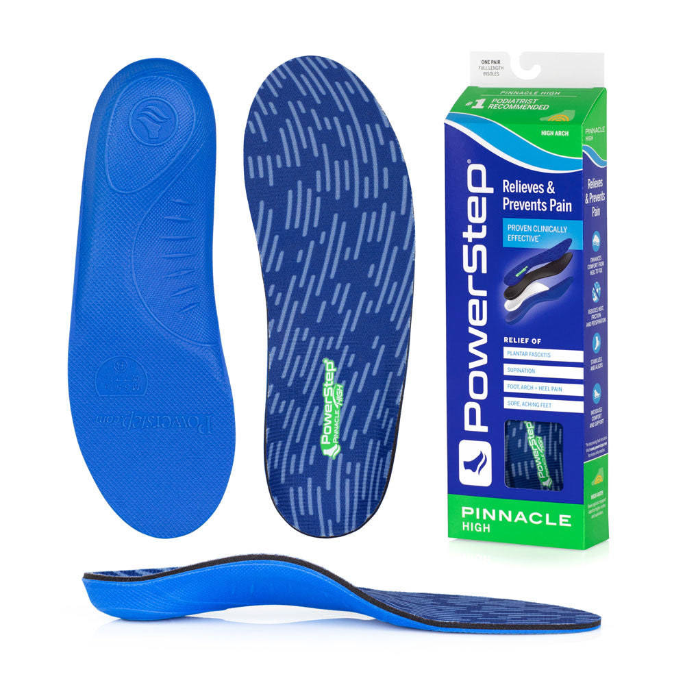 Bottom view of shoe inserts for Pinnacle High Arch Support Orthotic Shoe Insoles with blue EVA base, top view of shoe insoles with blue polyester top fabric, image of Pinnacle High Arch Support Insoles packaging, profile view of Pinnacle High Arch Support Orthotic Insoles with semi-rigid High arch support, relief of plantar fasciitis, supination, foot, arch and heel pain, sore aching feet, standard arch support for under-pronation, high arch support, high arch support insoles for women