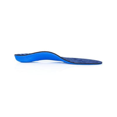 Profile view of Pinnacle High arch supporting shoe insoles with semi-rigid arch support for under-pronation, arch support for plantar fasciitis, designed for walking and running shoes, shoe inserts to help relieve pain from plantar fasciitis, orthotic shoe insoles with high arch support, orthotic arch support insoles for supination, high arch support