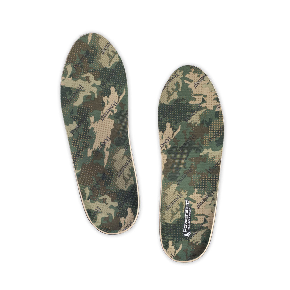 Top view of Pinnacle Hiker Neutral Arch Support Shoe insoles with green camouflage polyester top fabric, trail running shoe insoles, men's shoes, women's shoes, these shoes inserts help relieve and prevent pain from conditions caused by foot malalignment, relief from mild overpronation while hiking, relief from plantar fasciitis pain, relief from pronation, orthotic shoe inserts, arch supporting orthotic insoles, plantar fasciitis orthotics, outdoor insoles, Insoles for men work boots