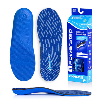Bottom view of shoe inserts for Pinnacle Junior Neutral Arch Support Orthotic Shoe Insoles with blue EVA base, top view of shoe insoles with blue polyester top fabric, image of Pinnacle Junior Neutral Arch Support Insoles packaging, profile view of Pinnacle Junior Neutral Arch Support Orthotic Insoles with semi-rigid neutral arch support for children, relief of plantar fasciitis, pronation, foot, arch and heel pain, sore aching feet, standard arch support for pronation, children’s flat feet
