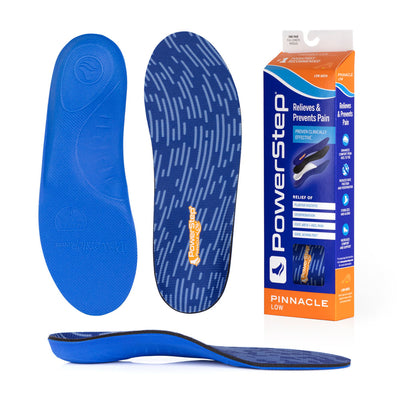 Bottom view of shoe inserts for Pinnacle Low Arch Support Orthotic Shoe Insoles with blue EVA base, top view of shoe insoles with blue polyester top fabric, image of Pinnacle Low Arch Support Insoles packaging, profile view of Pinnacle Low Arch Support Orthotic Insoles with semi-rigid low arch support for flat feet, relief of plantar fasciitis, overpronation, foot, arch and heel pain, sore aching feet, low arch support for overpronation, insoles for flat feet