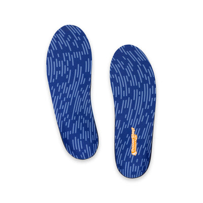 Top view of Pinnacle Low Arch Support Shoe insoles with blue polyester top fabric, flat foot shoe insoles, womens shoes, mens shoes, these shoes inserts help relieve and prevent pain from conditions caused by foot malalignment, relief from overpronation, relief from plantar fasciitis pain, flat feet relief, orthotic shoe inserts for flat feet, arch supporting orthotic insoles, plantar fasciitis orthotics, orthotic insoles for low arch support
