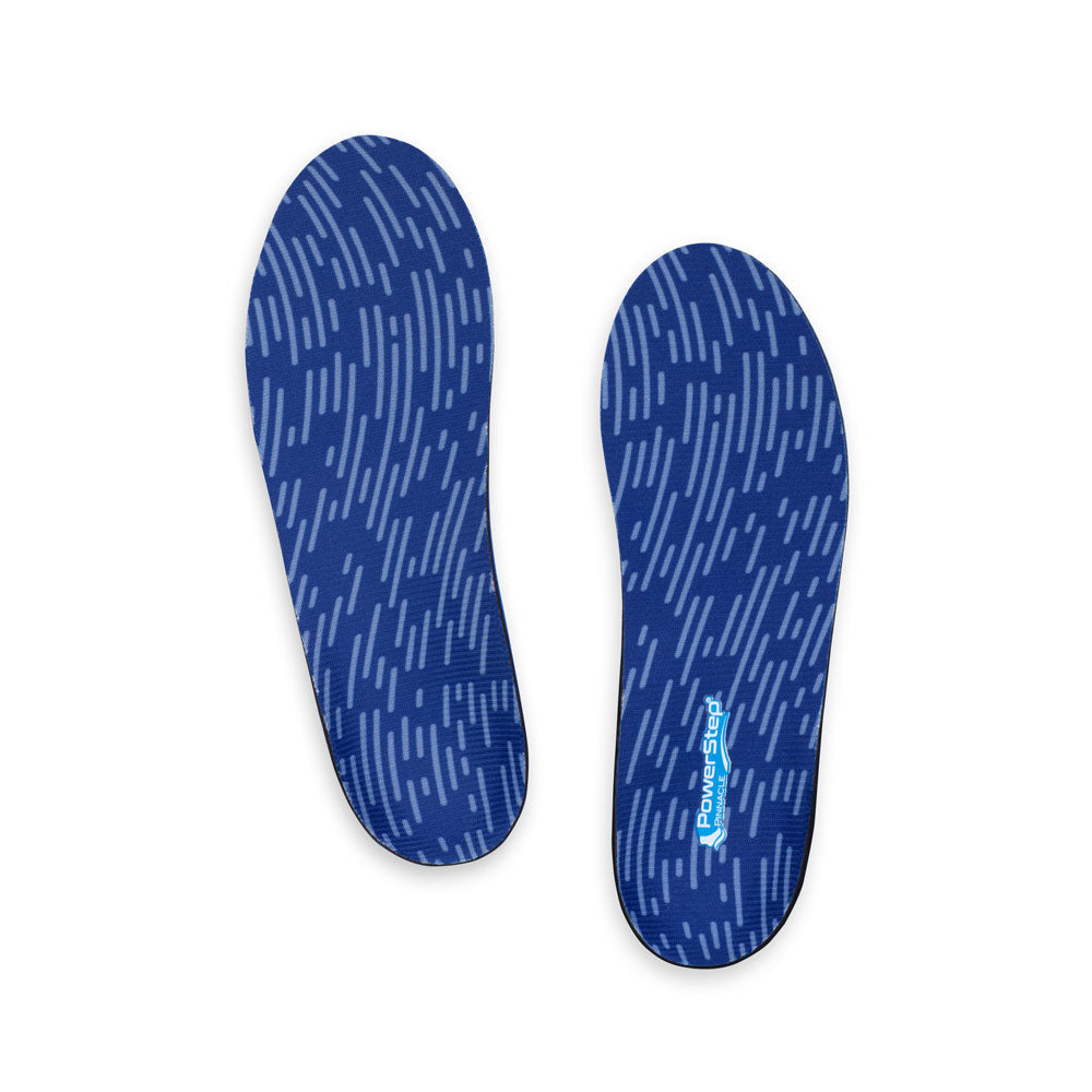 Top view of Pinnacle Neutral Arch Support Shoe insoles with blue polyester top fabric, walking shoe insoles, men's shoes, women's shoes, these shoes inserts help relieve and prevent pain from conditions caused by foot malalignment, relief from mild overpronation, relief from plantar fasciitis pain, relief from pronation, orthotic shoe inserts, arch supporting orthotic insoles, plantar fasciitis orthotics