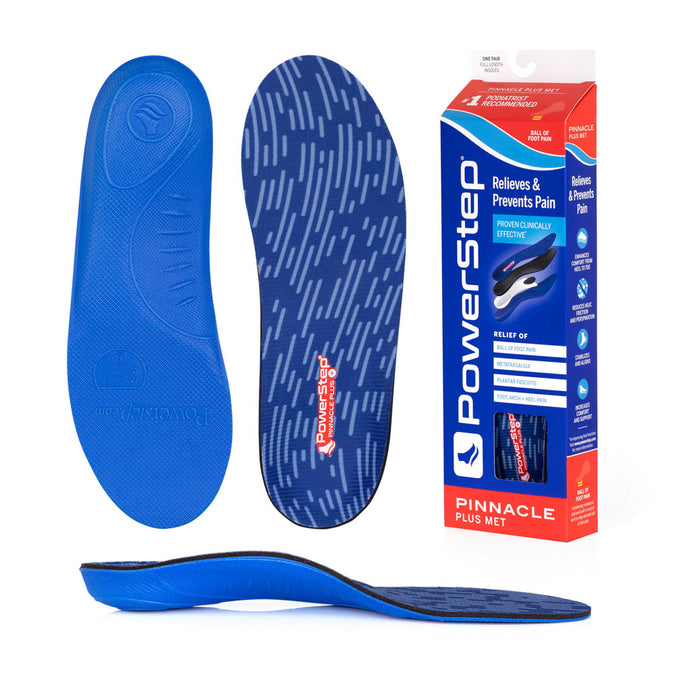 Bottom view of shoe inserts for Pinnacle Plus Met Neutral Arch Support Orthotic Shoe Insoles with blue EVA base, top view of shoe insoles with blue polyester top fabric, image of Pinnacle Plus Met Neutral Arch Support Insoles packaging, profile view of Pinnacle Plus Met Neutral Arch Support Orthotic Insoles with semi-rigid neutral arch support, relief of ball of foot pain, Morton’s neuroma, and metatarsalgia, plantar fasciitis, pronation, foot, arch and heel pain, sore aching feet