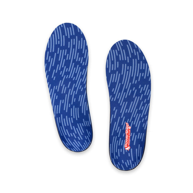 Top view of Pinnacle Plus Met Neutral Arch Support Shoe insoles with blue polyester top fabric, men's shoes, women's shoes, walking shoe insoles with metatarsal pad to spread metatarsal bones, these shoes inserts help relieve and prevent pain from conditions caused by foot malalignment, relief from mild overpronation, ball of foot and metatarsalgia pain relief, relief from plantar fasciitis pain, relief from pronation, orthotic shoe inserts, arch supporting orthotic insoles, plantar fasciitis orthotics