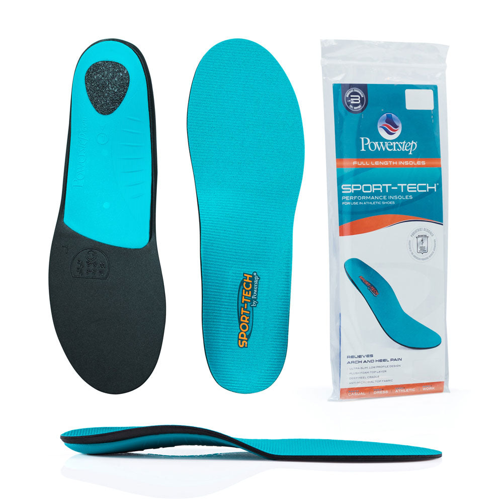 Bottom view of shoe inserts for Pinnacle Sport-Tech Neutral Arch Support Orthotic Shoe Insoles with teal exposed shell and non slip pad to keep shoe insole in place, top view of orthotic shoe insoles with teal top fabric, image of Pinnacle Sport-Tech Neutral Arch Support Insoles packaging, profile view of Pinnacle Sport-Tech Neutral Arch Support Orthotic Insoles with semi-rigid neutral arch support for pronation, designed for tighter running shoes
