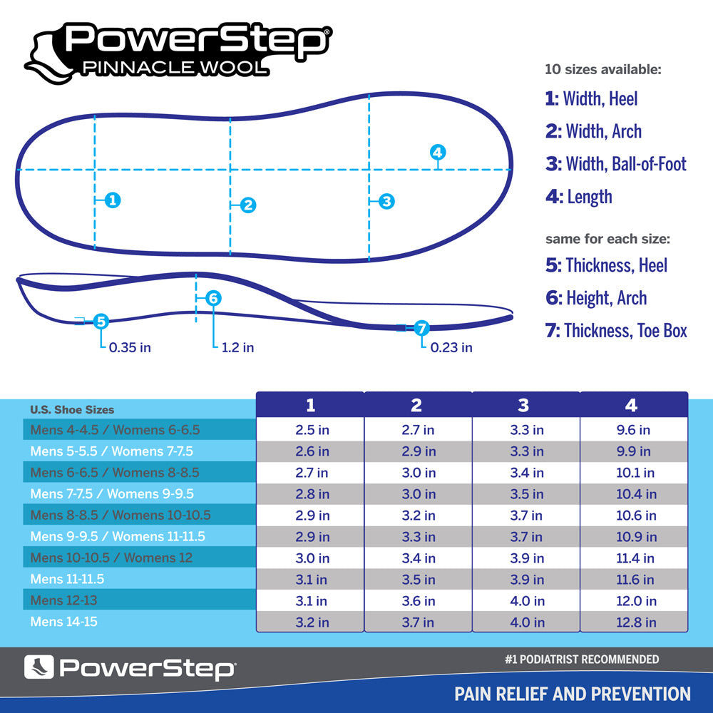 PowerStep Pinnacle Wool insole dimensions