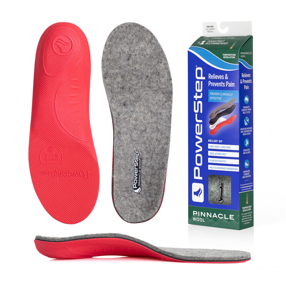Bottom view of shoe inserts for Pinnacle Wool Neutral Arch Support Orthotic Shoe Insoles with red EVA base, top view of shoe insoles with gray wool top fabric, image of Pinnacle Wool Neutral Arch Support Insoles packaging, profile view of Pinnacle Wool Neutral Arch Support Orthotic Insoles with semi-rigid neutral arch support, relief of plantar fasciitis, pronation, foot, arch and heel pain, sore aching feet, standard arch support for pronation
