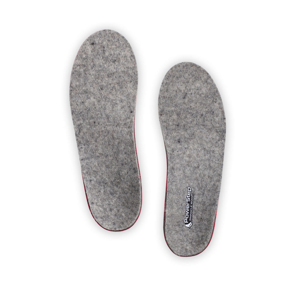 Top view of Pinnacle Wool Neutral Arch Support Shoe insoles with gray wool felt top fabric, trail running shoe insoles, men's shoes, women's shoes, these shoes inserts help relieve and prevent pain from conditions caused by foot malalignment, relief from mild overpronation while hiking, relief from plantar fasciitis pain, relief from pronation, orthotic shoe inserts, arch supporting orthotic insoles, plantar fasciitis orthotics, outdoor insoles