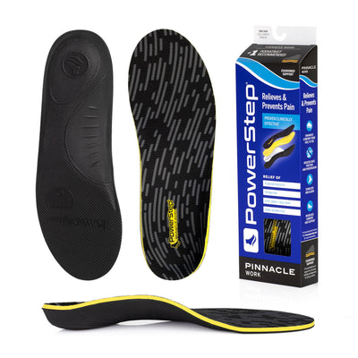 Bottom view of shoe inserts for Pinnacle Work Neutral Arch Support Orthotic Shoe Insoles with black EVA base, top view of shoe insoles with black polyester top fabric, image of Pinnacle Work Neutral Arch Support Insoles packaging, profile view of Pinnacle Work Neutral Arch Support Orthotic Insoles with semi-rigid neutral arch support, relief of plantar fasciitis, pronation, foot, arch and heel pain, sore aching feet, standard arch support for pronation