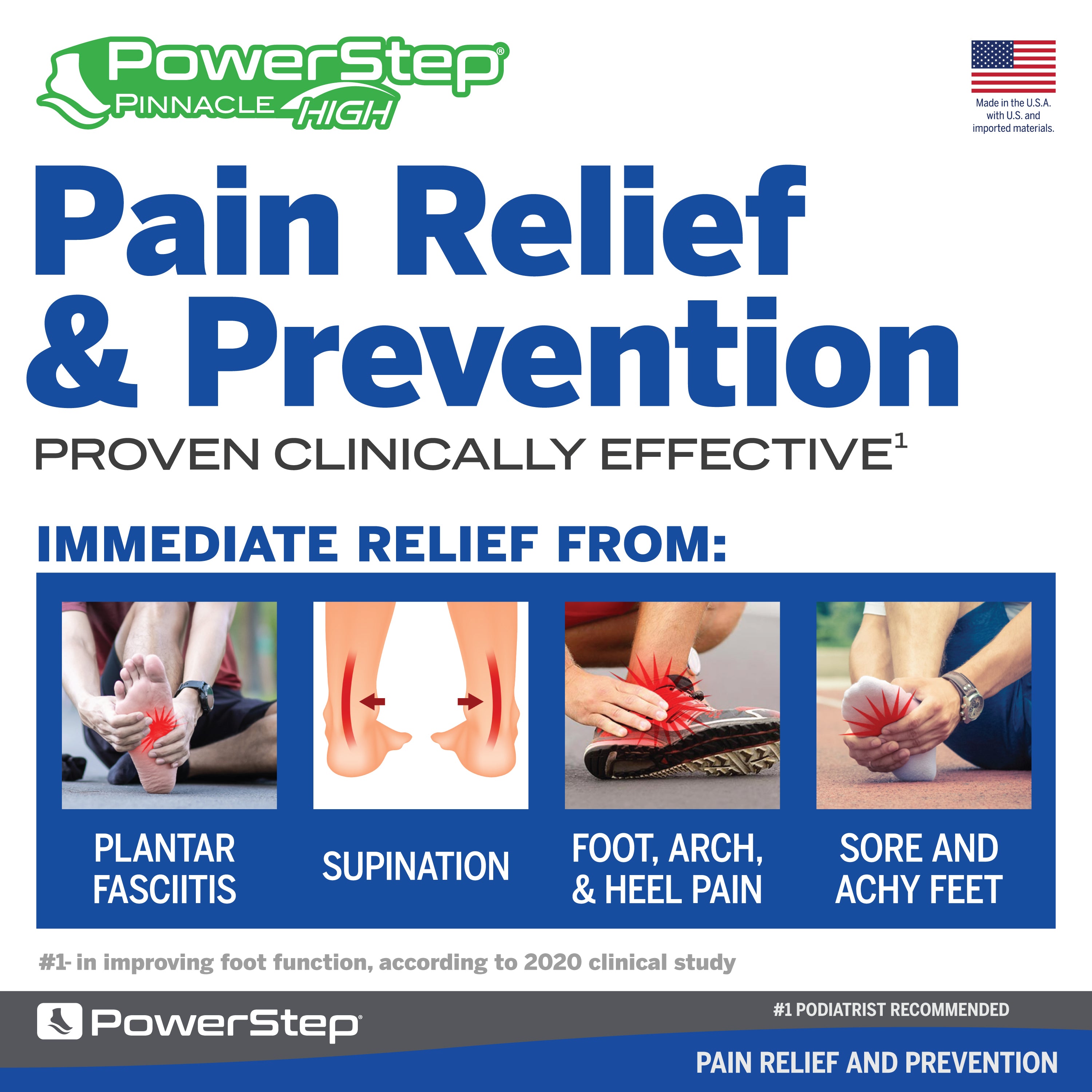 PowerStep Pinnacle High Orthotic Shoe Insoles, Made in the USA with US and imported materials, pain relief and prevention, proven clinically effective for immediate relief from plantar fasciitis, under-pronation and supination, foot, arch, and heel pain, sore, achy feet, number one in improving foot function according to 2020 clinical study, number one podiatrist recommended shoe orthotic for arch support, women’s shoe inserts, men’s orthotic shoe insoles, unisex orthotic arch support insoles