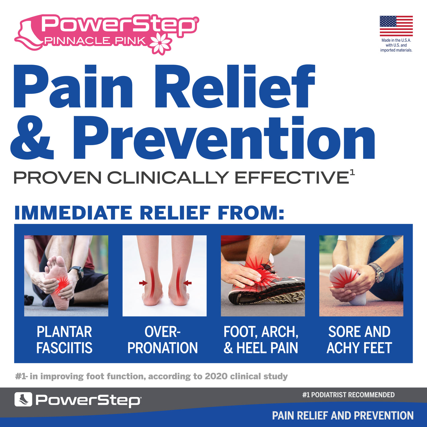 PowerStep Pinnacle Pink Orthotic Shoe Insoles, Made in the USA with US and imported materials, pain relief and prevention, proven clinically effective for immediate relief from plantar fasciitis, mild overpronation, foot, arch, and heel pain, sore, achy feet, number one in improving foot function according to 2020 clinical study, number one podiatrist recommended shoe orthotic for arch support, women’s shoe inserts, men’s orthotic shoe insoles, unisex orthotic arch support insoles