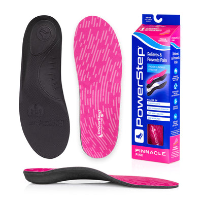 Bottom view of shoe inserts for Pinnacle Pink Neutral Arch Support Orthotic Shoe Insoles with black EVA base, top view of shoe insoles with pink polyester top fabric, image of Pinnacle Pink Neutral Arch Support Insoles packaging, profile view of Pinnacle Pink Neutral Arch Support Orthotic Insoles with semi-rigid neutral arch support, relief of plantar fasciitis, pronation, foot, arch and heel pain, sore aching feet, standard arch support for pronation
