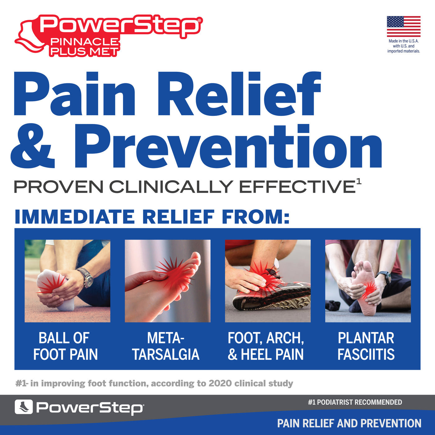 PowerStep Pinnacle Plus Met Orthotic Shoe Insoles, Made in the USA with US and imported materials, pain relief and prevention, proven clinically effective for immediate relief from ball of foot pain, metatarsalgia, foot, arch and heel pain, plantar fasciitis, number one in improving foot function according to 2020 clinical study, number one podiatrist recommended shoe orthotic for arch support, women’s shoe inserts, men’s orthotic shoe insoles, unisex orthotic arch support insoles