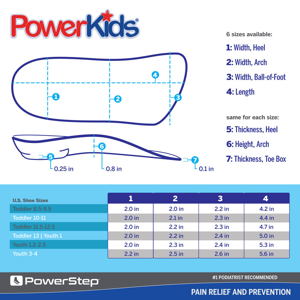 PowerStep Pinnacle Junior 3/4 insole dimensions