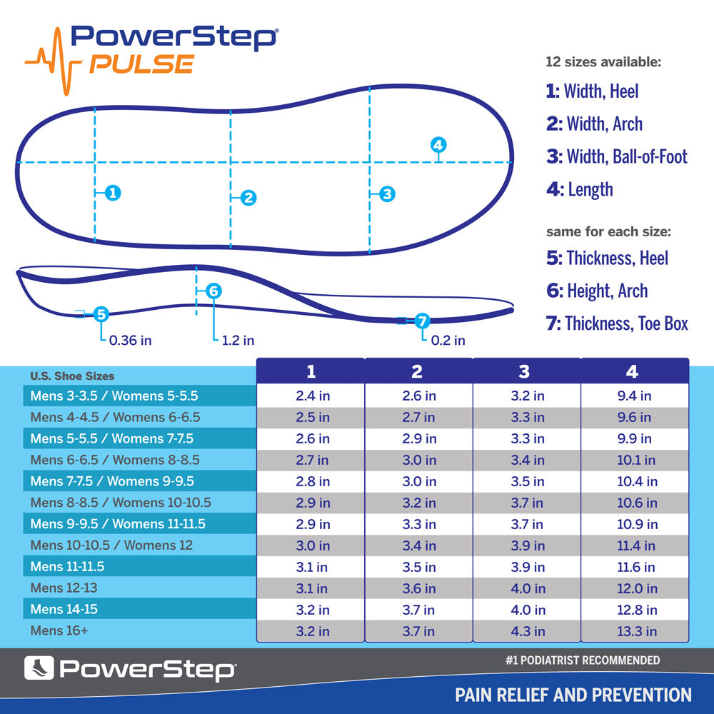 PowerStep PULSE Performance insole dimensions