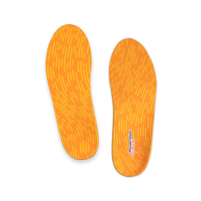Top view of PULSE Performance Neutral Arch Support Shoe insoles with orange and yellow polyester top fabric, shoe insoles for runners, men's shoes, women's shoes, these shoes inserts help relieve and prevent pain from conditions caused by foot malalignment, relief from mild overpronation, relief from plantar fasciitis pain, relief from pronation, orthotic shoe inserts, arch supporting orthotic insoles, plantar fasciitis orthotics, running shoe inserts for athletes