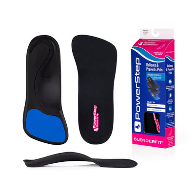 Bottom view of shoe inserts for SlenderFit 3/4 Arch Support Orthotic Dress Shoe Insoles with black exposed shell and non slip pad to keep shoe insole in place while alleviating ball of foot pain, top view of orthotic shoe insoles with black top fabric, image of SlenderFit Arch Support Dress Insoles packaging, profile view of SlenderFit Arch Support 3/4 Orthotic Insoles with semi-rigid arch support for pronation, designed for tighter dress shoes, ultra-thin orthotic shoe inserts #color_black