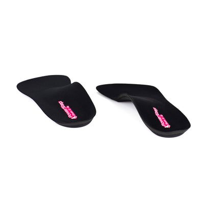 View of SlenderFit orthotic arch support dress shoe inserts from heel to toe, low profile insoles relieve foot, arch, and heel pain, and sore, aching feet, shoe insoles for tighter fitting high heels, women’s orthotic 3/4 shoe inserts, neutral arch support helps to correct pronation and prevent plantar fasciitis, ultra-thin shoe orthotics with arch support for women’s high heels, shoe inserts with arch support for high heels, help prevent haglund’s deformity and bunions #color_black
