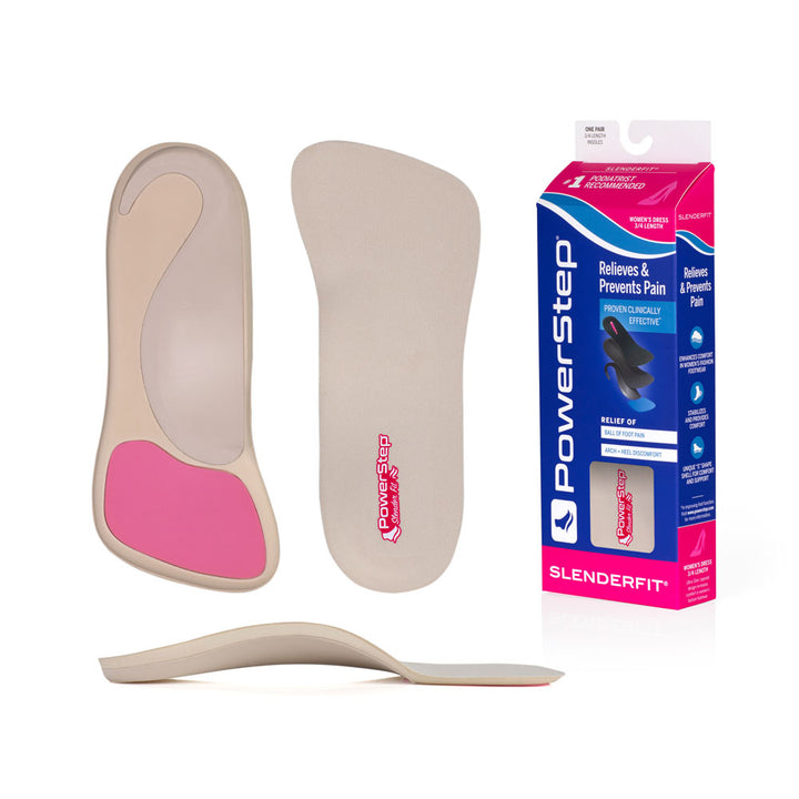 Bottom view of shoe inserts for SlenderFit 3/4 Arch Support Orthotic Dress Shoe Insoles with khaki exposed shell and non slip pad to keep shoe insole in place while alleviating ball of foot pain, top view of orthotic shoe insoles with khaki top fabric, image of SlenderFit Arch Support Dress Insoles packaging, profile view of SlenderFit Arch Support 3/4 Orthotic Insoles with semi-rigid arch support for pronation, designed for tighter dress shoes, ultra-thin orthotic shoe inserts #color_khaki