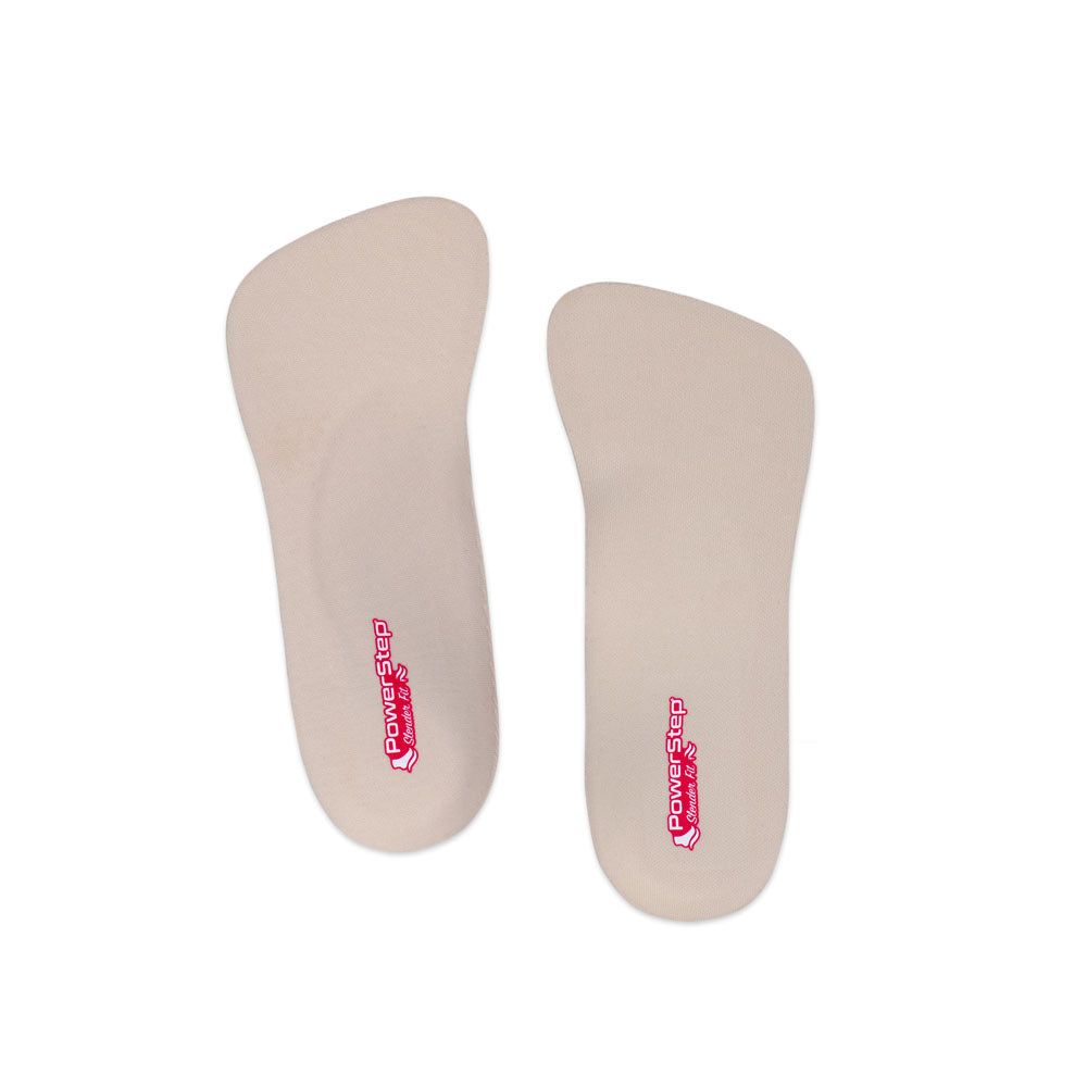 Top view of SlenderFit Arch Support Shoe insoles for heels with khaki top fabric, plantar fasciitis orthotics for heels, dress shoe insoles for tight fitting shoes, relief from pronation, relief from plantar fasciitis pain, relief from mild overpronation, women's shoes, these 3/4 shoe inserts help relieve and prevent pain from conditions caused by foot malalignment while wearing high heels, orthotic shoe inserts, arch supporting orthotic insoles, ultra-thin arch support insoles #color_khaki