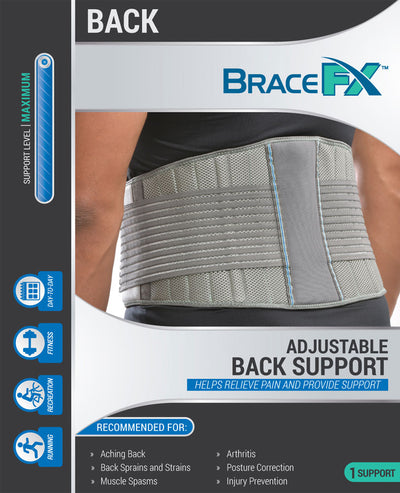 Adjustable back support, helps relieve pain and provide support, recommended for aching back, back sprains and strains, muscle spasms, arthritis, posture correction, injury prevention, ideal for running, recreation, fitness, day-to-day activities
