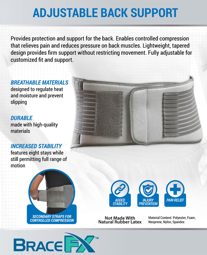 Adjustable back support, provides protection and support for the back, enables controlled compression that relieves pain and reduces pressure on back muscles, lightweight, tapered design provides firm support without restricting movement, fully adjustable for customized fit and support, designed with breathable materials to regulate heat and moisture and prevent slipping, made with high quality materials, features 8 stays while still permitting full range of motion