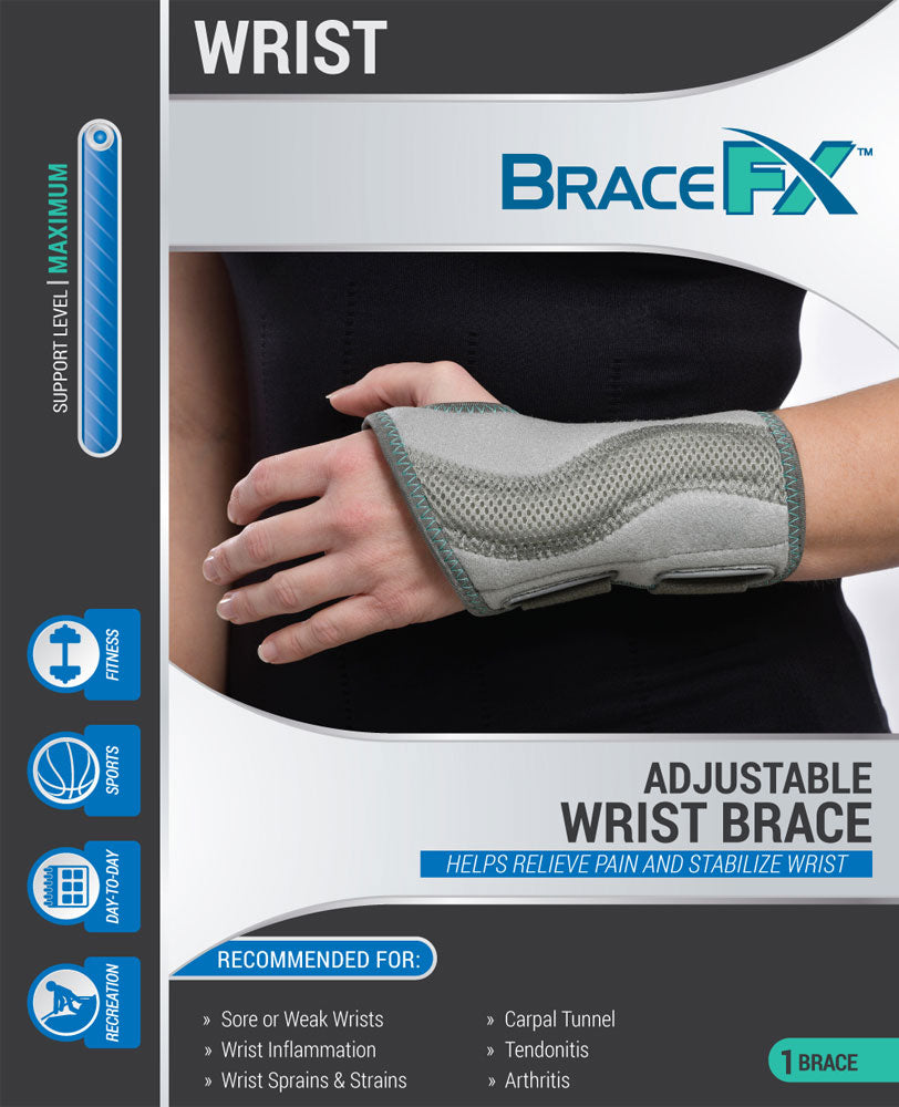 BraceFX Adjustable Wrist Brace for weak, sore, or injured wrists, ideal for Day-to-Day Activities; Recreation; Sports; Fitness